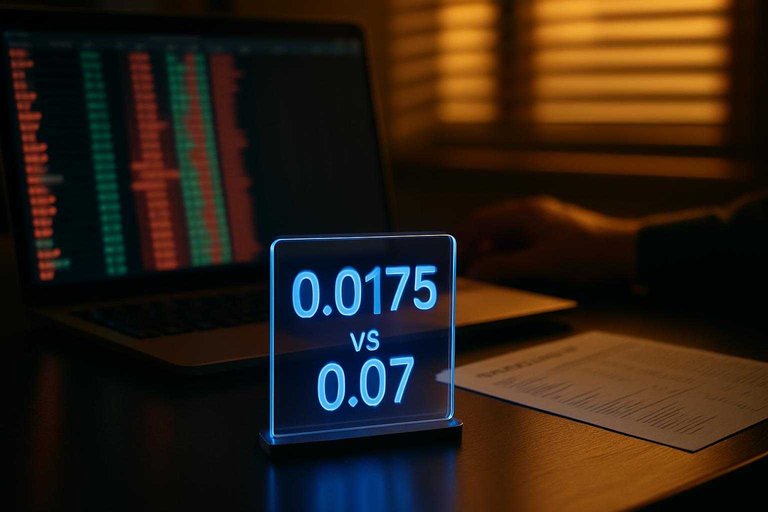 Trader desk with order book and fee sheet; glowing placard reads "0.0175 vs 0.07" in blue.
