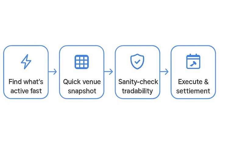Four-step flow: Find what’s active fast, Quick venue snapshot, Sanity-check tradability, Execute & settlement