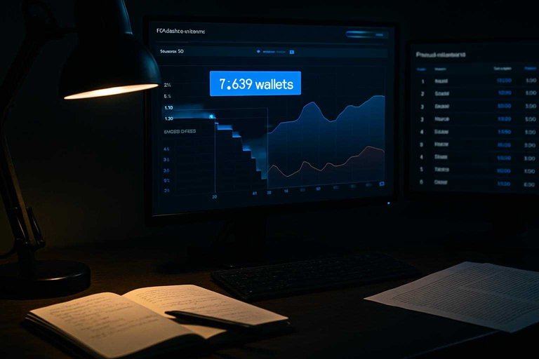 Trading research desk with liquidity screens; blue on-screen label reads "7,655 wallets" highlighting wallet behavior analysis.
