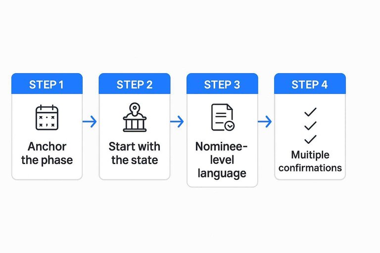 Four-step process: Anchor the phase, Start with the state, Nominee-level language, Multiple confirmations