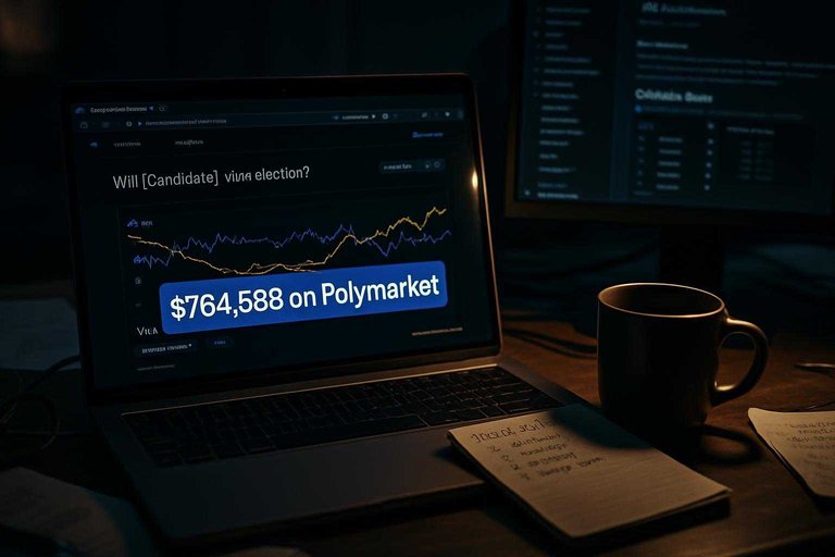 Analyst desk with market screen highlighting "$764,588 on Polymarket" as volume for checking stale odds.