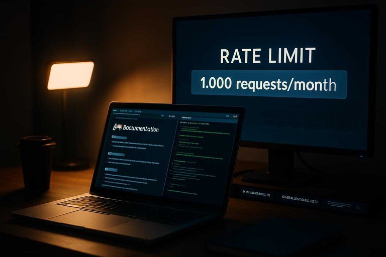 Developer desk with API rate-limit screen showing "1,000 requests/month" highlighted in blue for data access limits.