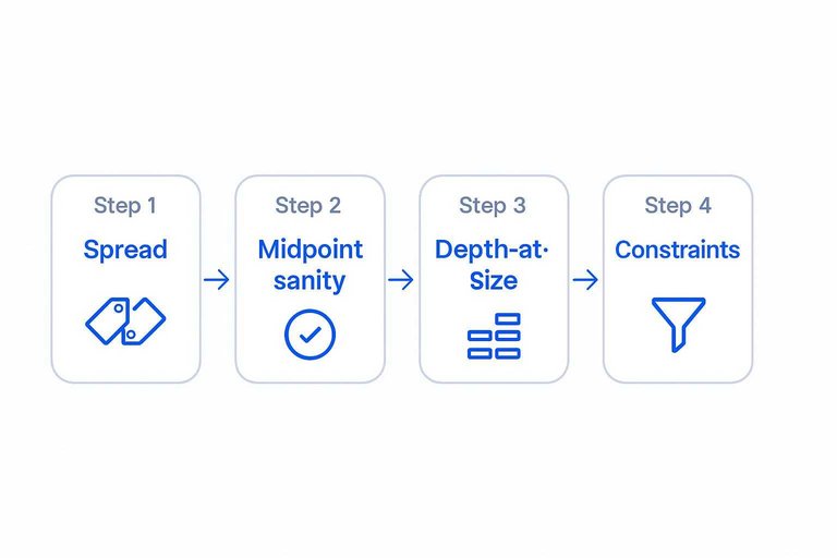 Four-step flow: Spread, Midpoint sanity, Depth-at-size, Constraints connected by arrows