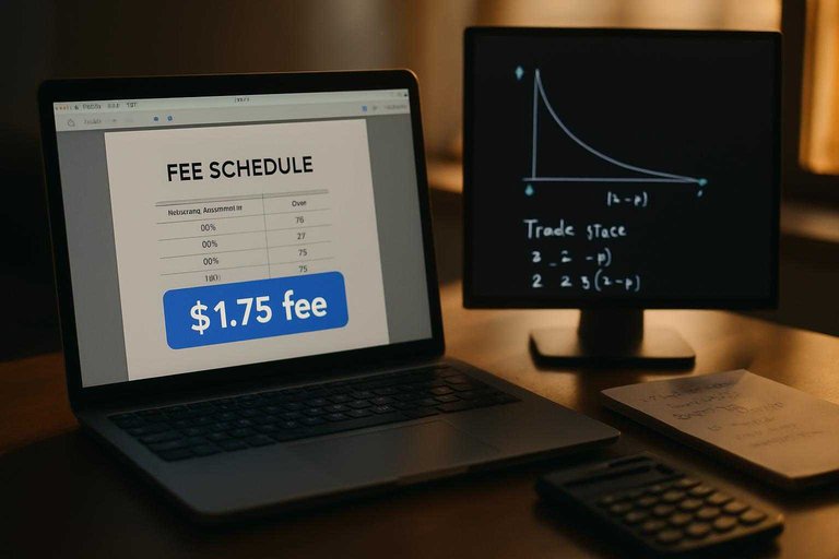 Trader desk modeling market fees, laptop highlights "$1.75 fee" in blue beside p×(1−p) notes.