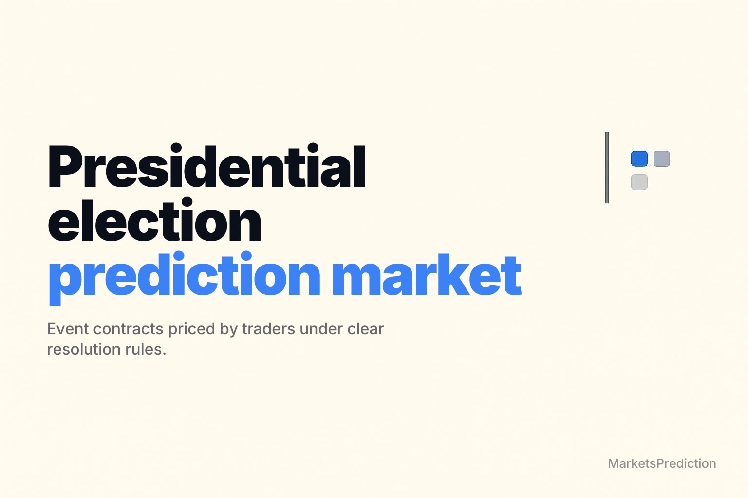 Off-white minimal poster with a small blue line-and-square market motif on the right edge, lots of blank space.