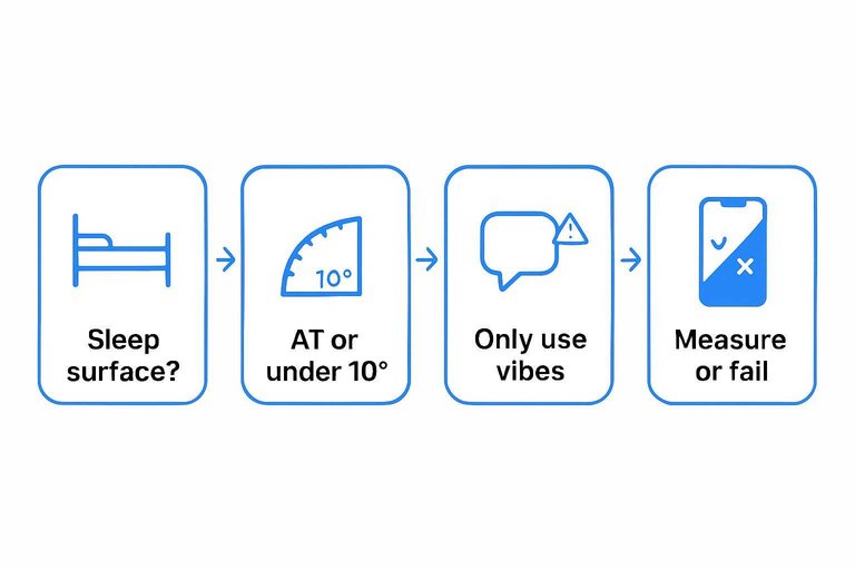 Four-step flow: Sleep surface? → At or under 10° → Only use vibes → Measure or fail