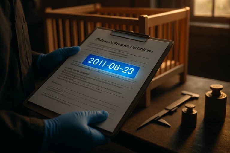 Safety tester checks crib paperwork as the CPC date label reads "2011-06-28" with blue highlight in a lab.