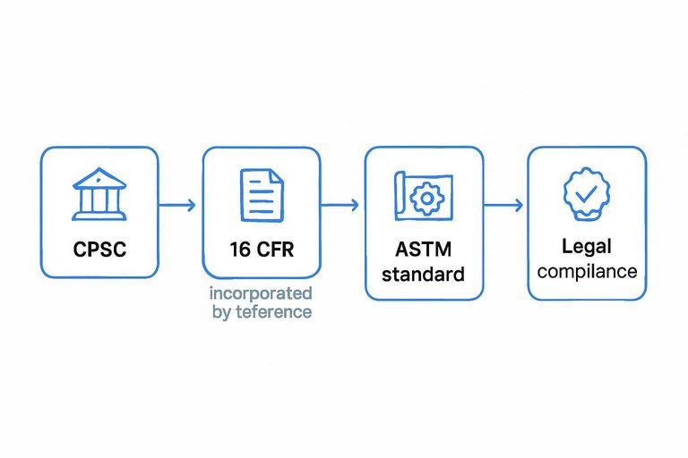 CPSC to 16 CFR to ASTM standard to Legal compliance, with arrows and note 'incorporated by reference'