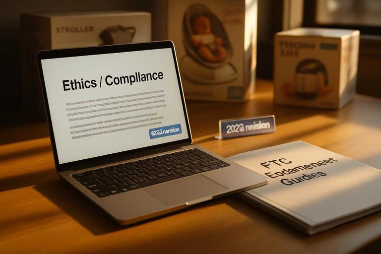 Baby-gear review desk with FTC binder and laptop label reading “2023 revision,” highlighting disclosure ethics.