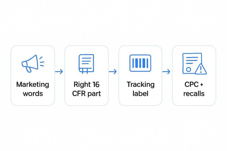 Four-step flow: Marketing words → Right 16 CFR part → Tracking label → CPC + recalls, connected by arrows
