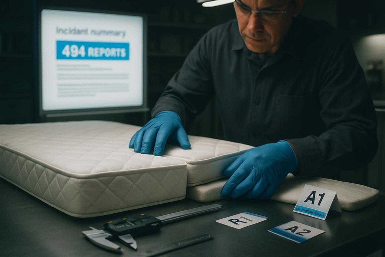Safety lab inspection of a crib mattress with a blue-highlighted board reading “494 reports” to stress reported hazards.